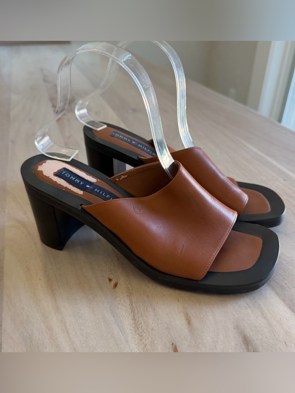 Vintage Tommy Hilfiger Chunky Open Toe Sandal Heels Womens Sz 9 Brown Black 90s